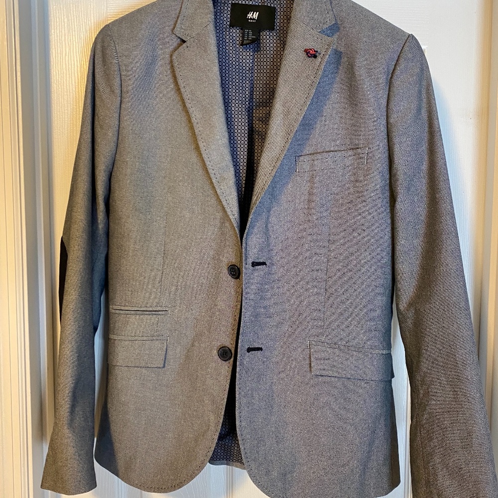 H&M Slim Fit Blazer in Blue with Navy Elbow Patch